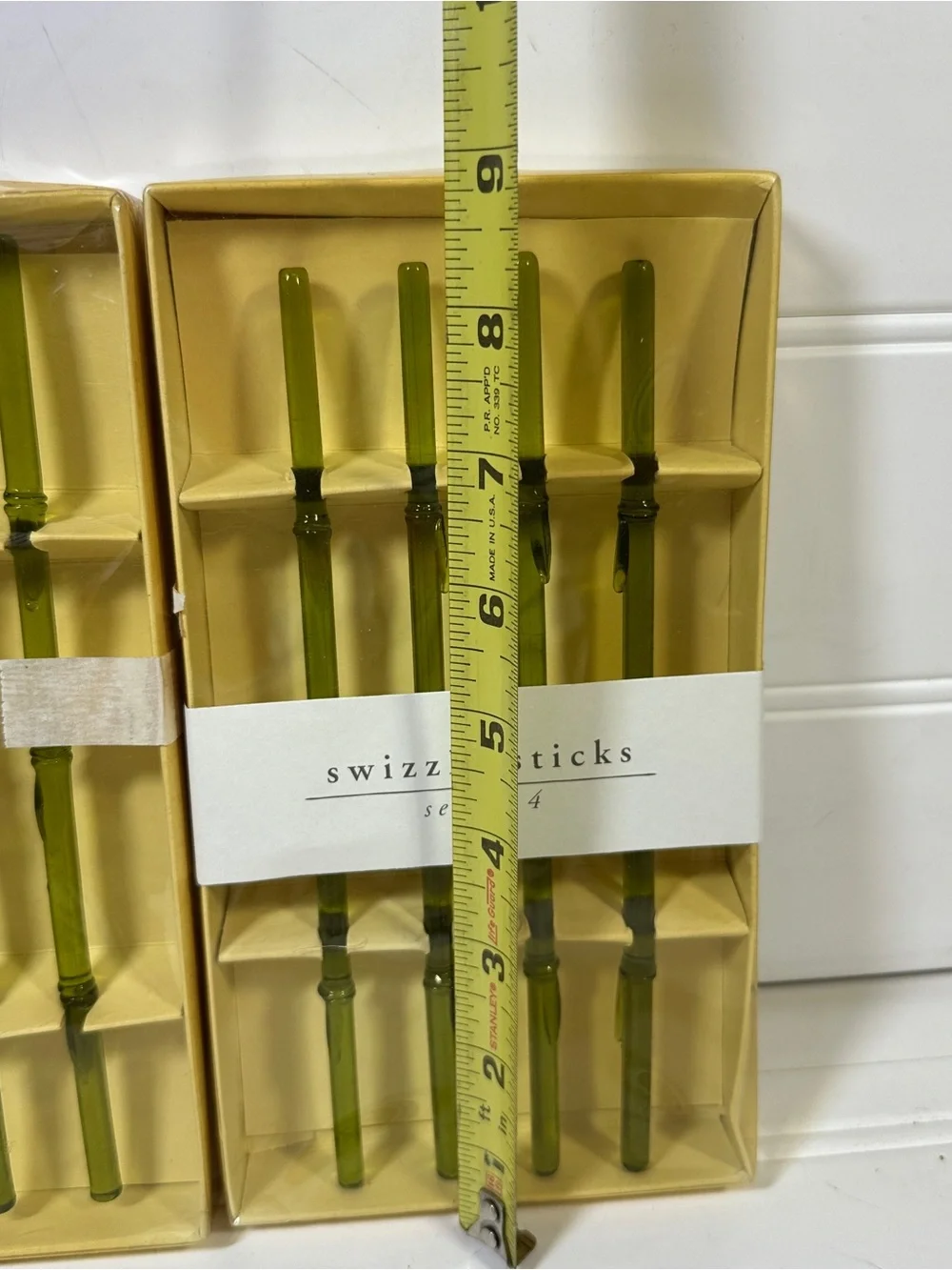 Pier 1 Glass Swizzle Sticks 2 Sets Of 4 Green Bamboo Drink Stirrers Barware